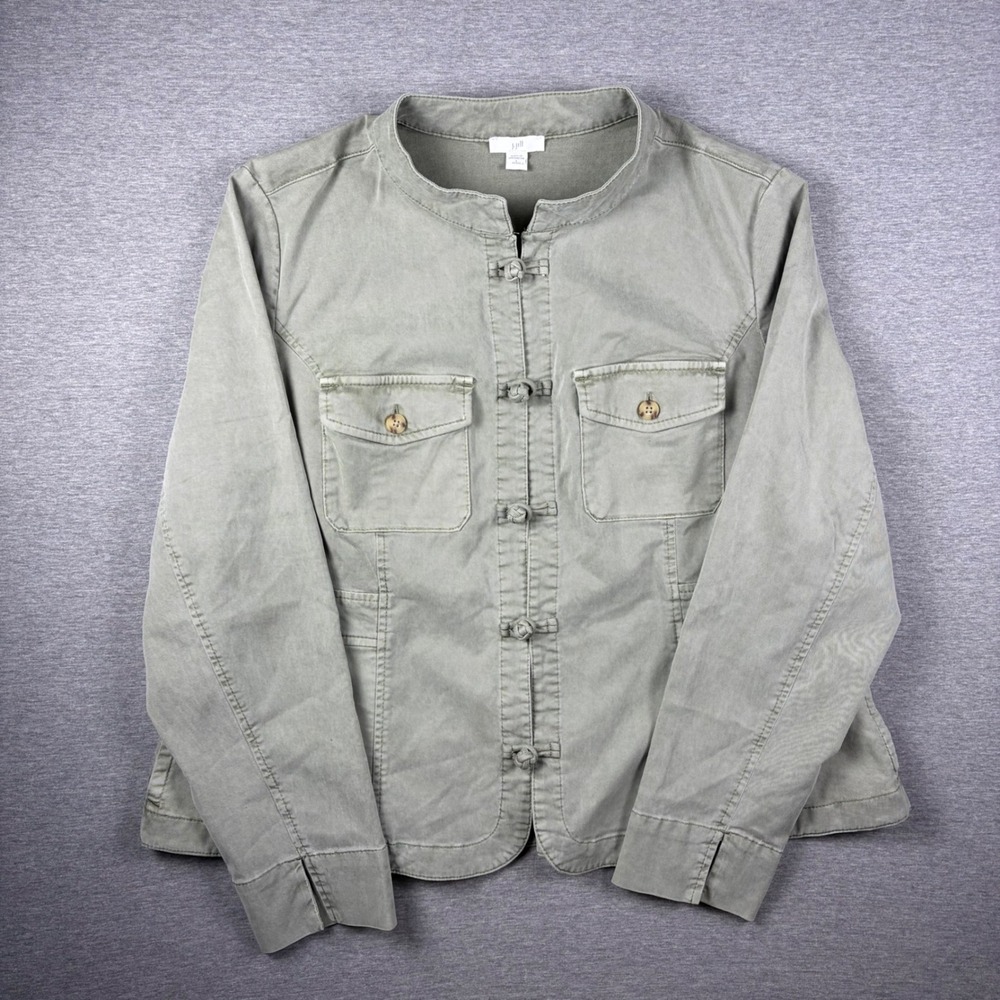 J. Jill Cotton Twill Knot Button Jacket Womens Petite Large Green Military